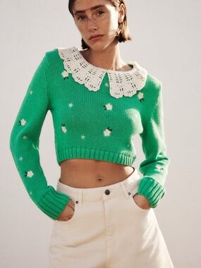 Zara Sz S Green Knit Daisies Lace Peter Pan Collar Cropped Sweater